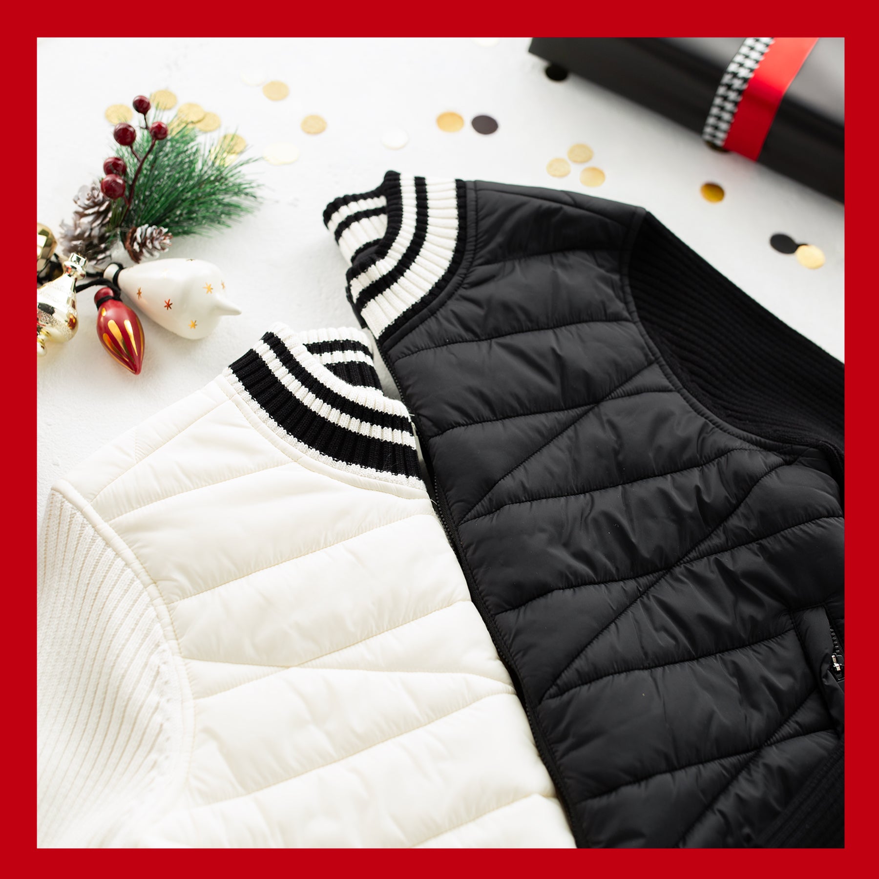 black and white puffer vests with holiday decorations