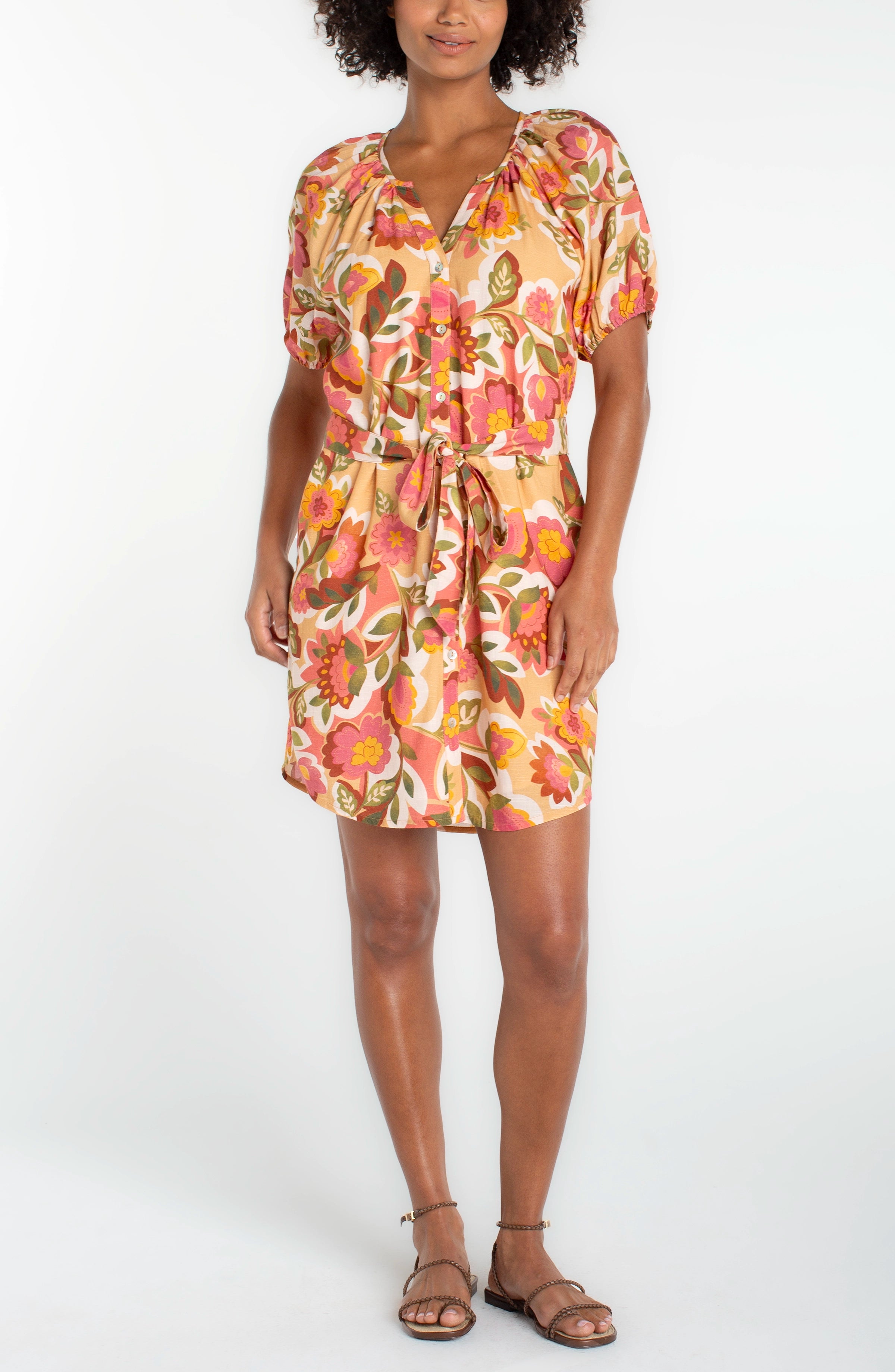 PETITE SHORT SLEEVE SHIRRED BUTTON FRONT WOVEN DRESS – LIVERPOOL LOS ANGELES