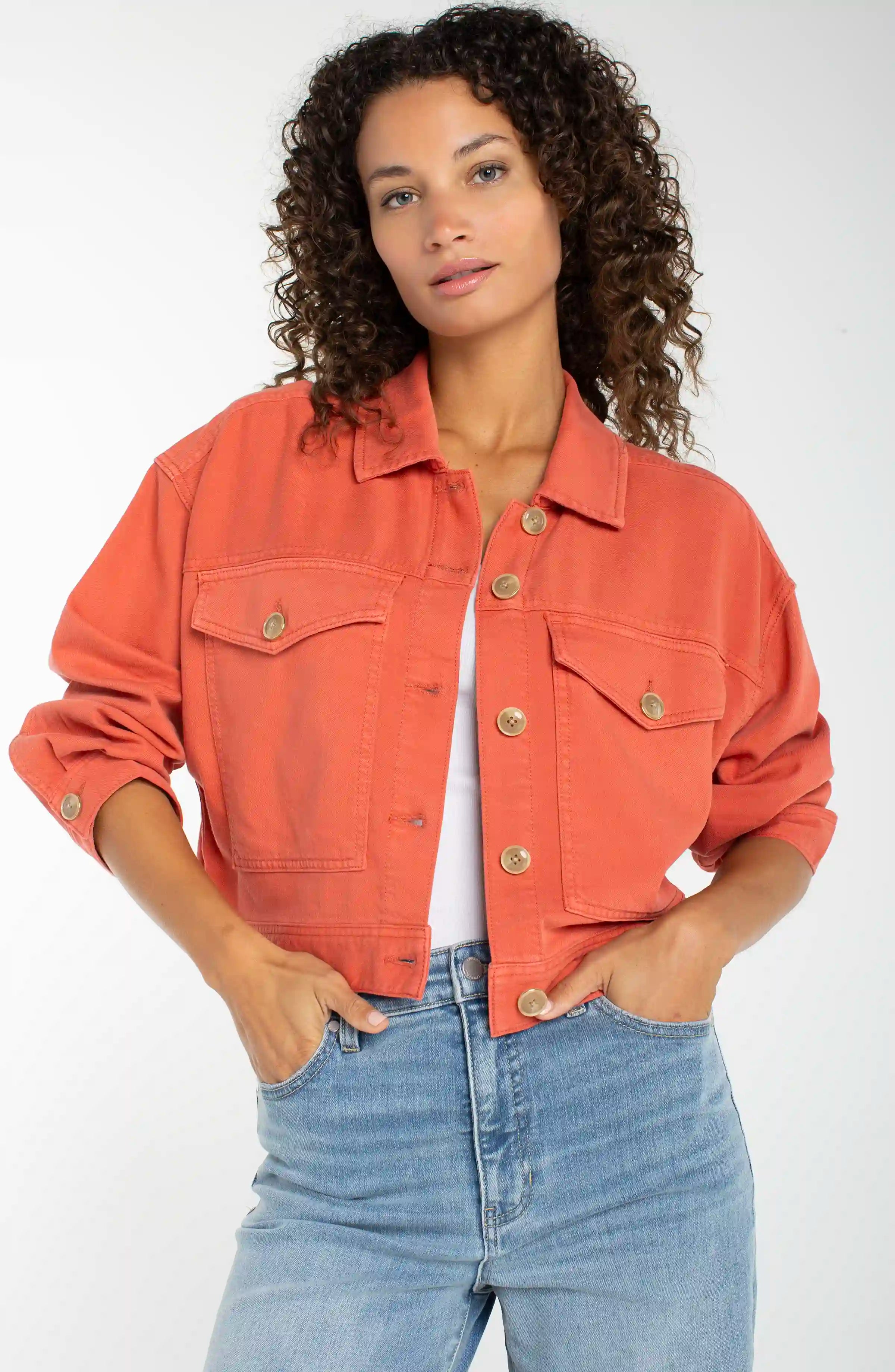 Liverpool Los Angeles Petite Oversized Cropped Denim Jacket - Red Clay
