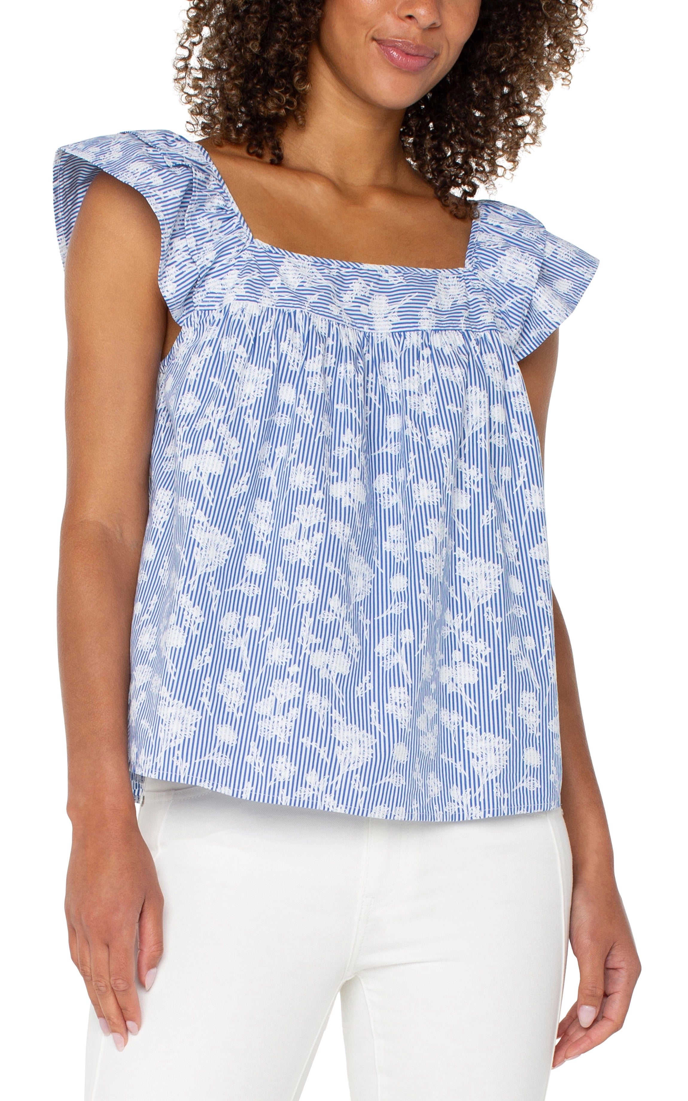 BLUE WHITE FLORAL STRIPE