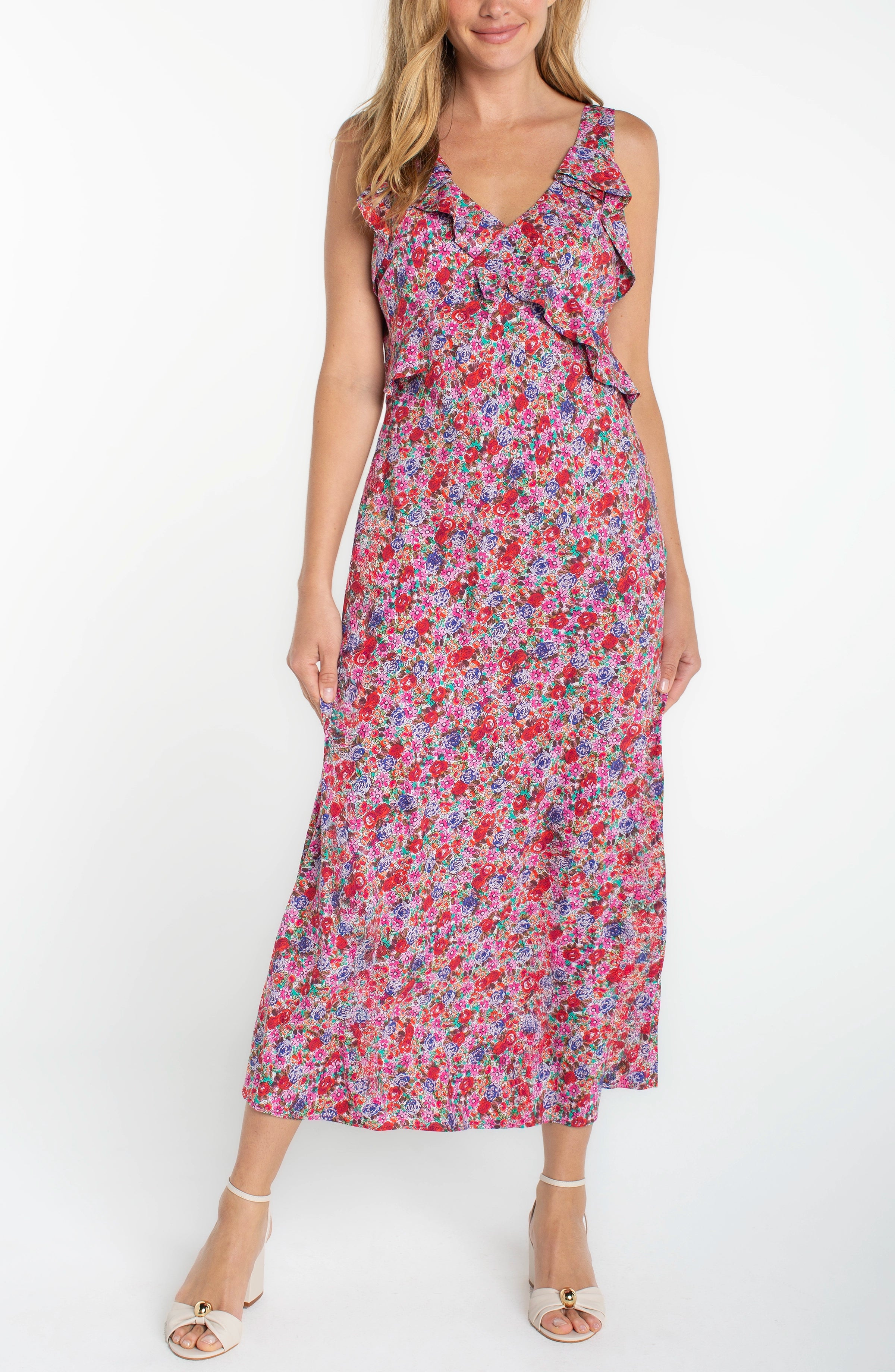 Liverpool Sleeveless Ruffle Front Woven Maxi Dress L / Pink Multi Liverpool Sleeveless Ruffle Front Woven Maxi Dress L / Pink Multi