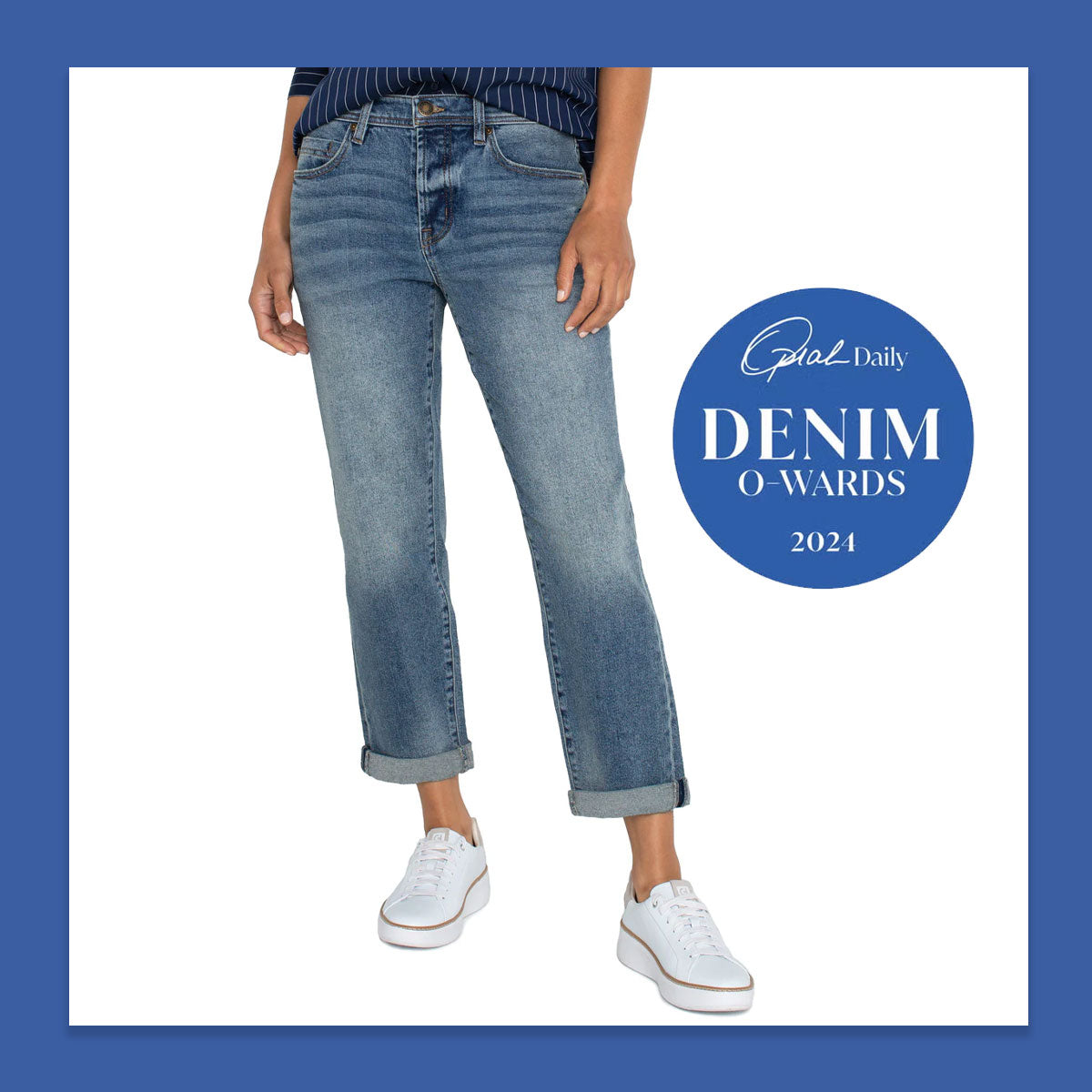 Woman wearing denim jeans and white sneakers, Oprah Daily Denim O-Wards 2024.