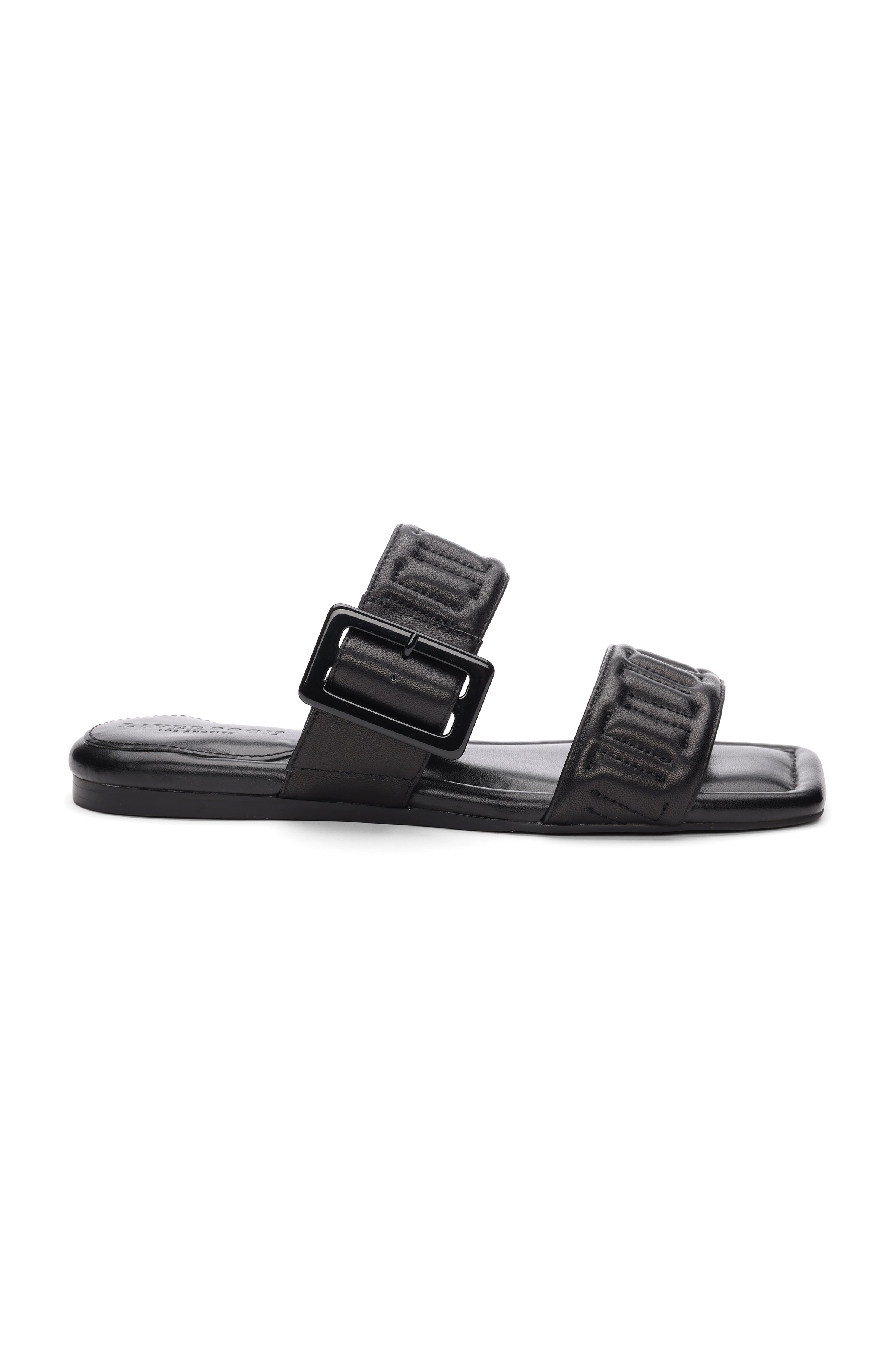 black slide sandals with buckle