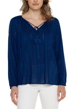 Open EMBROIDERED SHIRRED BLOUSE WITH NECK TIES ESTATE BLUE-1 in gallery view