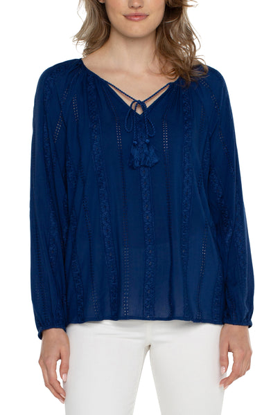 EMBROIDERED SHIRRED BLOUSE WITH NECK TIES – LIVERPOOL LOS ANGELES