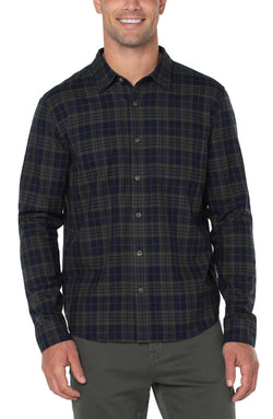 Open WOVEN BUTTON UP SHIRT OLIVE NAVY-1 in gallery view