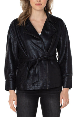 Open BELTED MOTO JACKET BLACK CRACKLE COATED-1 in gallery view