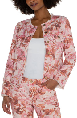 Open PRINTED CROPPED JACKET WITH FRAY HEM PINK FLORAL-1 in gallery view