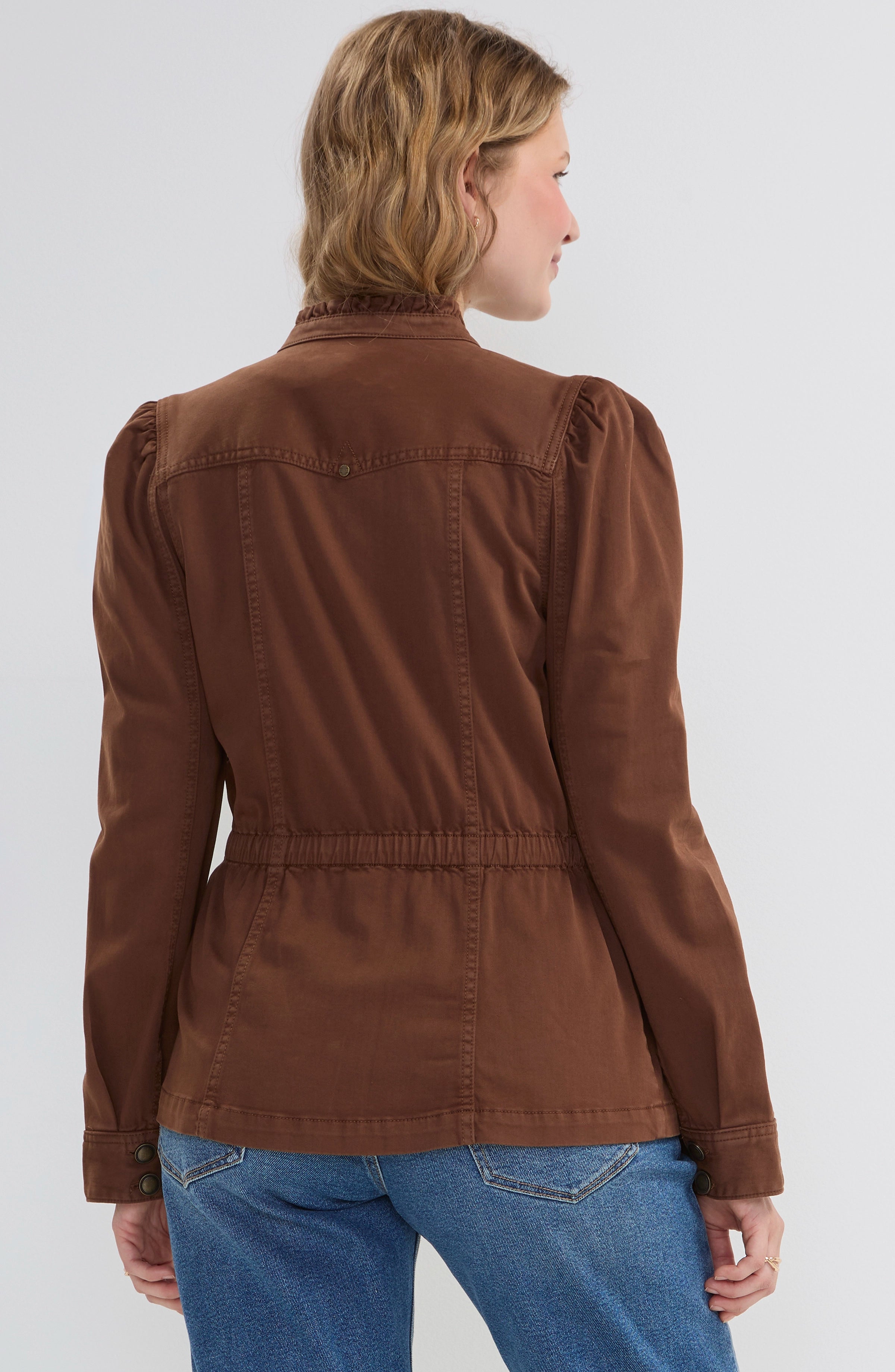 PUFF SLEEVE TRUCKER JACKET W/ RUFFLE COLLAR