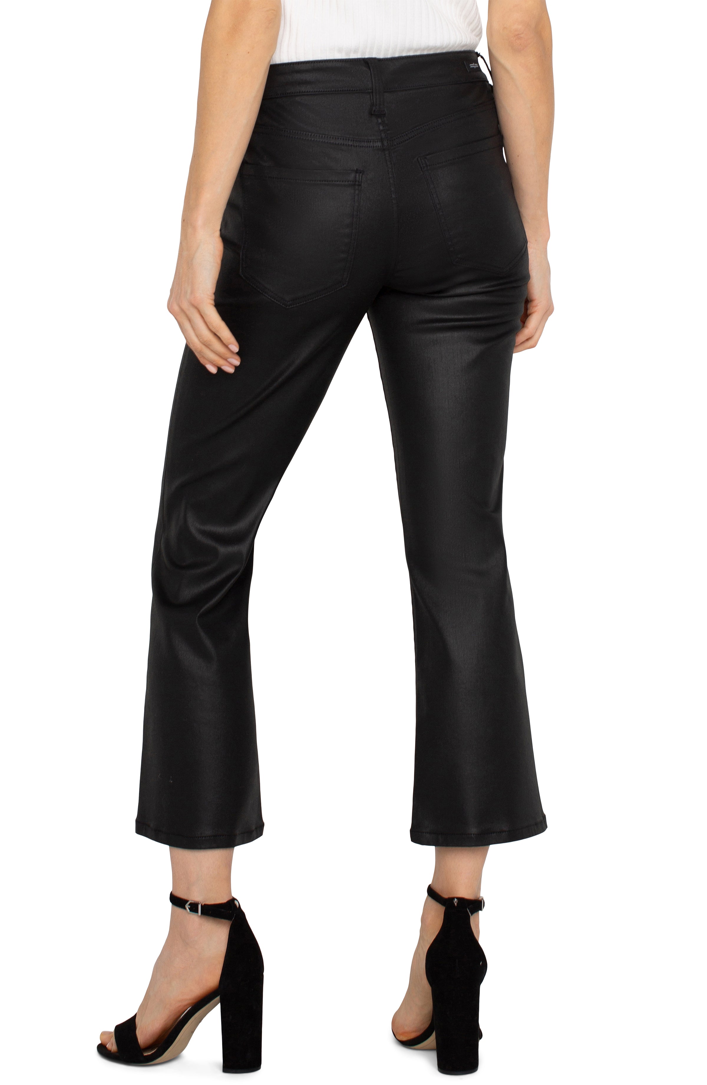 black flared pants, women's fashion, back view, stylish outfit, trendy apparel