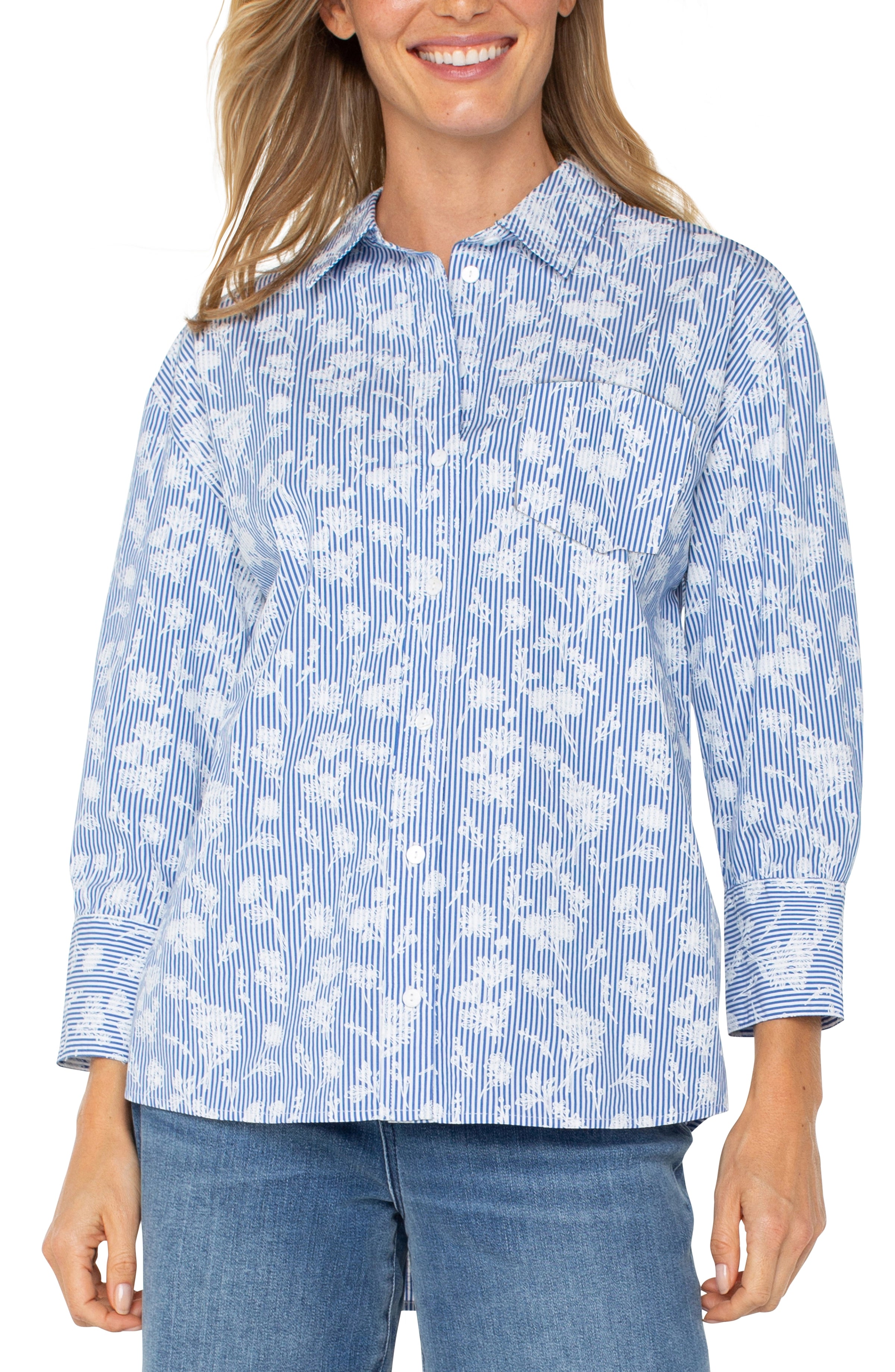BLUE WHITE FLORAL STRIPE