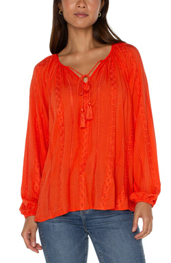Open EMBROIDERED SHIRRED BLOUSE WITH NECK TIES CORAL BLAZE-1 in gallery view