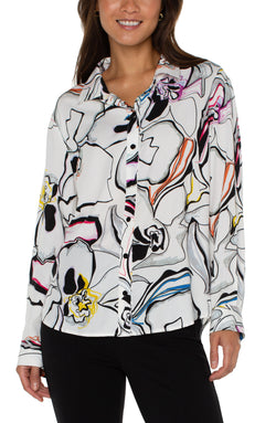 Open BUTTON UP WOVEN BLOUSE WHITE BLACK MULTI-1 in gallery view