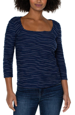 Open SQUARE NECK 3/4 SLEEVE KNIT TOP NAVY SPACEDYE STRIPE-1 in gallery view