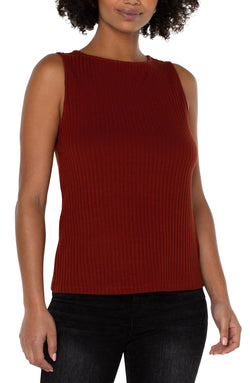 Open SLEEVELESS BOAT NECK RIB KNIT TOP DEEP CINNAMON-1 in gallery view