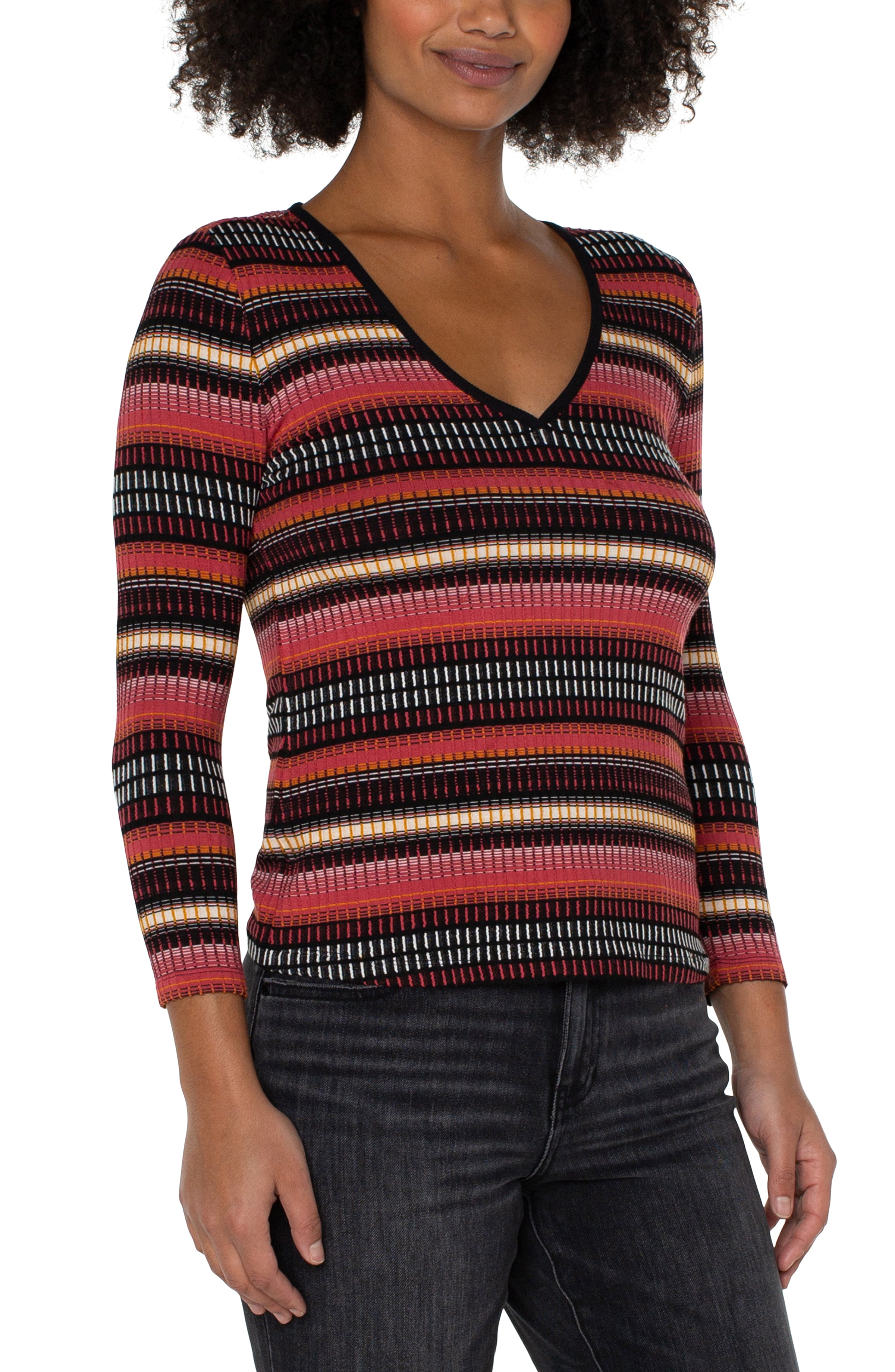 3/4 SLEEVE V-NECK KNIT TOP