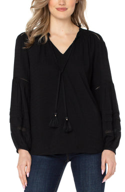 Open TIE FRONT POPOVER SHIRRED BLOUSE BLACK-1 in gallery view