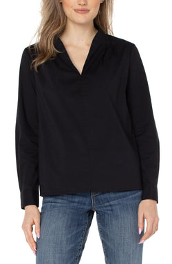Open V-NECK LONG SLEEVE WOVEN TOP BLACK-1 in gallery view