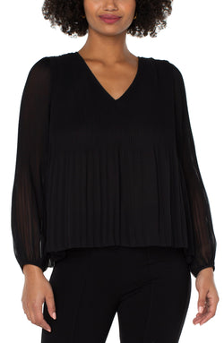 Open LONG SLEEVE V-NECK PLEATED TOP BLACK-1 in gallery view