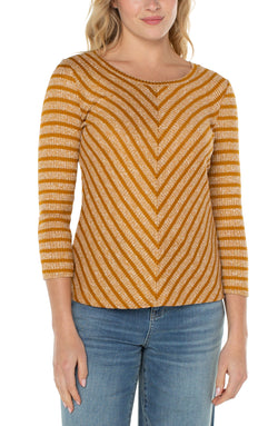 Open 3/4 SLEEVE KNIT TOP WITH MITER FRONT GOLD STRIPE-1 in gallery view