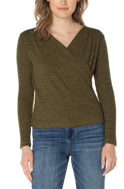 Open LONG SLEEVE DRAPE FRONT KNIT TOP OLIVE MELANGE-1 in gallery view