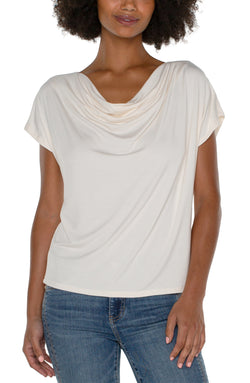 Open SHORT SLEEVE KNIT TOP WITH DRAPED COWL NECK FRENCH CREAM-1 in gallery view