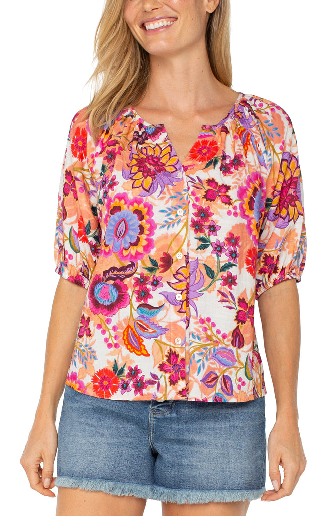 BUTTON FRONT SHIRRED WOVEN TOP – LIVERPOOL LOS ANGELES