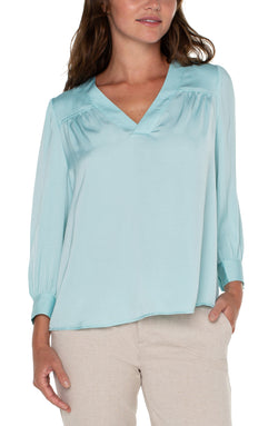 Open V-NECK POPOVER WOVEN BLOUSE PASTEL TURQUOISE-1 in gallery view