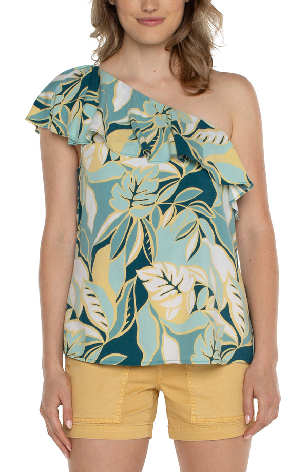ONE SHOULDER RUFFLE PRINTED WOVEN TOP
