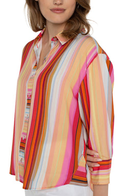 Open BUTTON FRONT SHIRT WITH 3/4 SLEEVE BERRY BLOSSOM MULTI STRIPE-1 in gallery view
