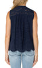 navy sleeveless top, eyelet detail blouse, women’s casual wear, summer fashion, back view style