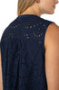 navy blue sleeveless top with embroidered design