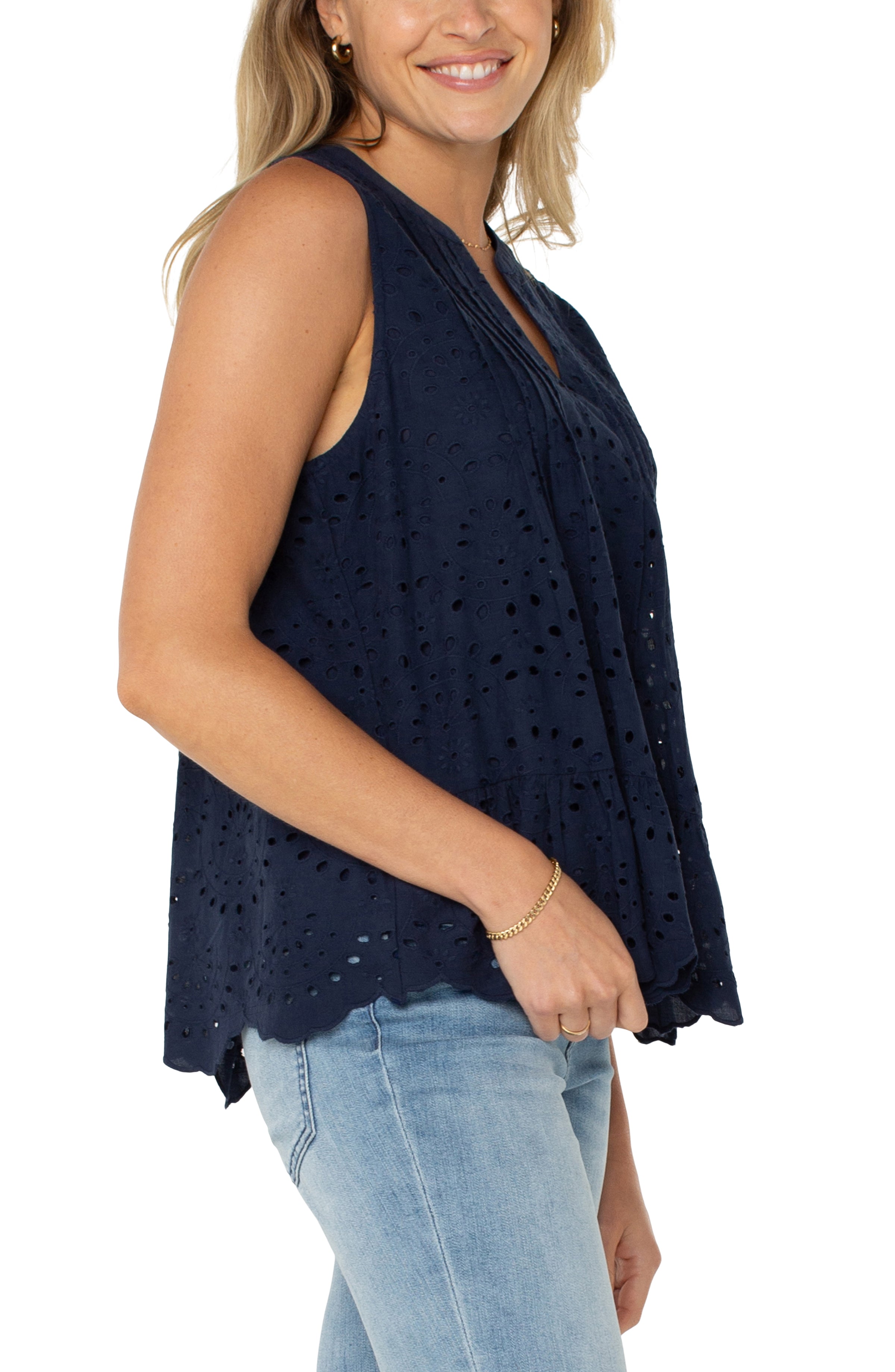 navy sleeveless blouse women, eyelet top, casual summer outfit, women's fashion, styled look