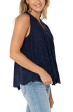 navy sleeveless blouse women, eyelet top, casual summer outfit, women's fashion, styled look