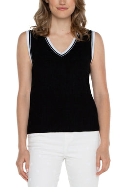 Open SLEEVELESS V-NECK SWEATER WITH CONTRAST TRIM BLACK WHITE CONTRAST-1 in gallery view