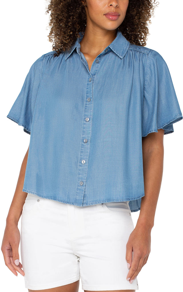 1/2 SLEEVE SHIRRED WOVEN BLOUSE – LIVERPOOL LOS ANGELES