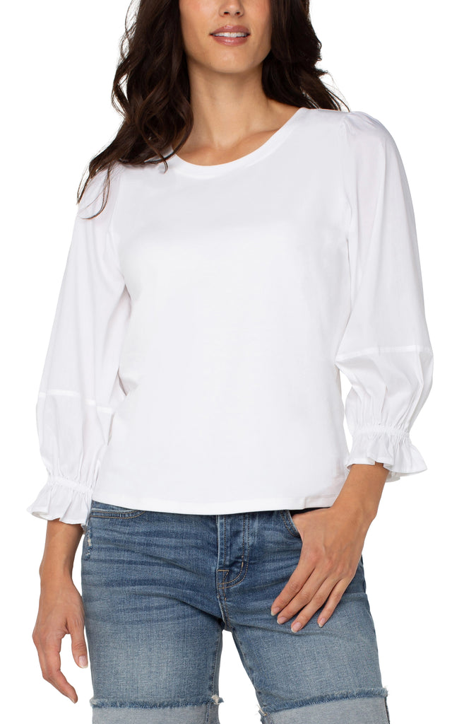 3/4 BLOUSON SLEEVE KNIT TO WOVEN TOP – LIVERPOOL LOS ANGELES