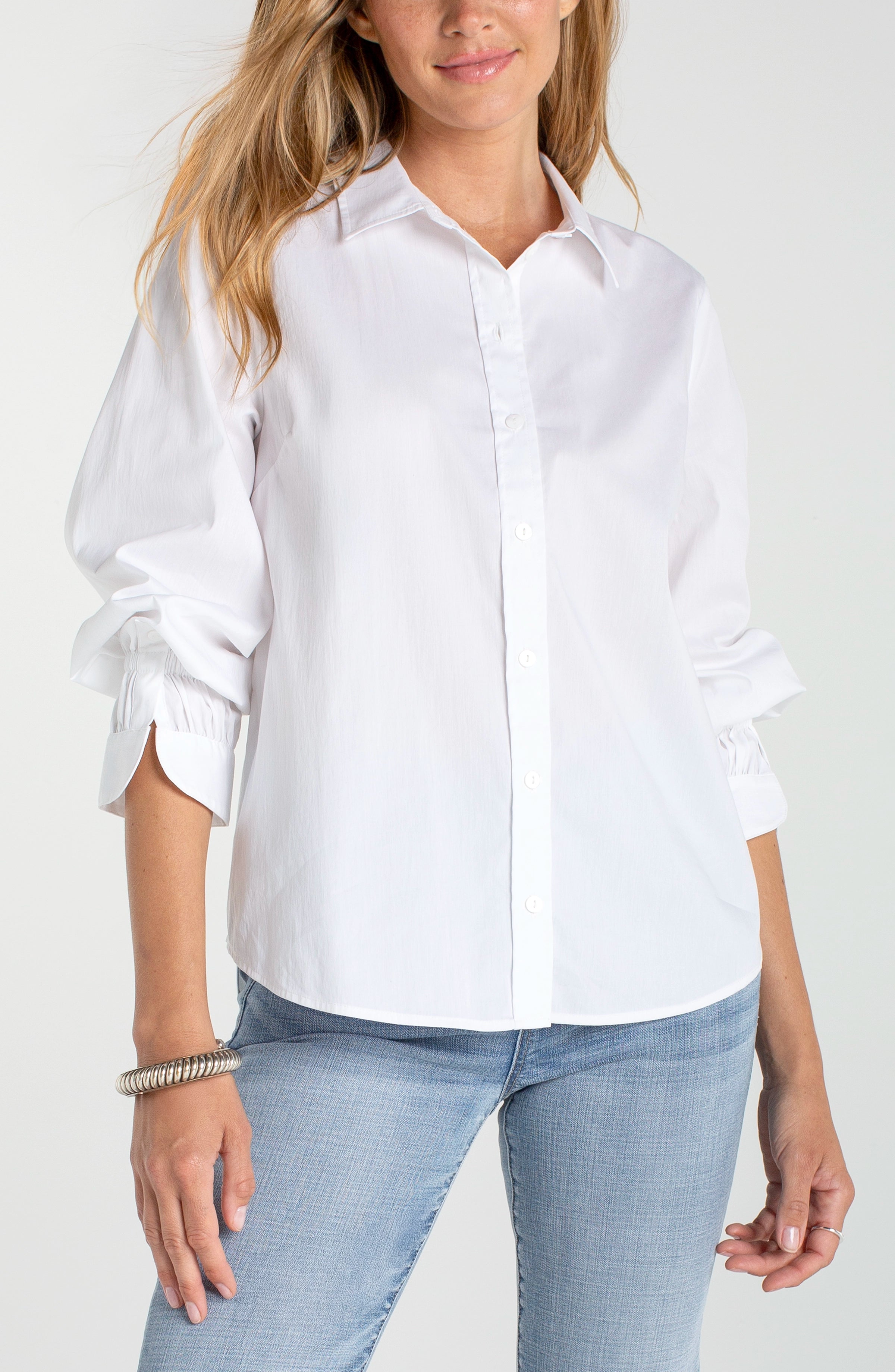 Sleeve Button ADJUSTABLE SLEEVE BUTTON FRONT WOVEN TOP – LIVERPOOL LOS ANGELES