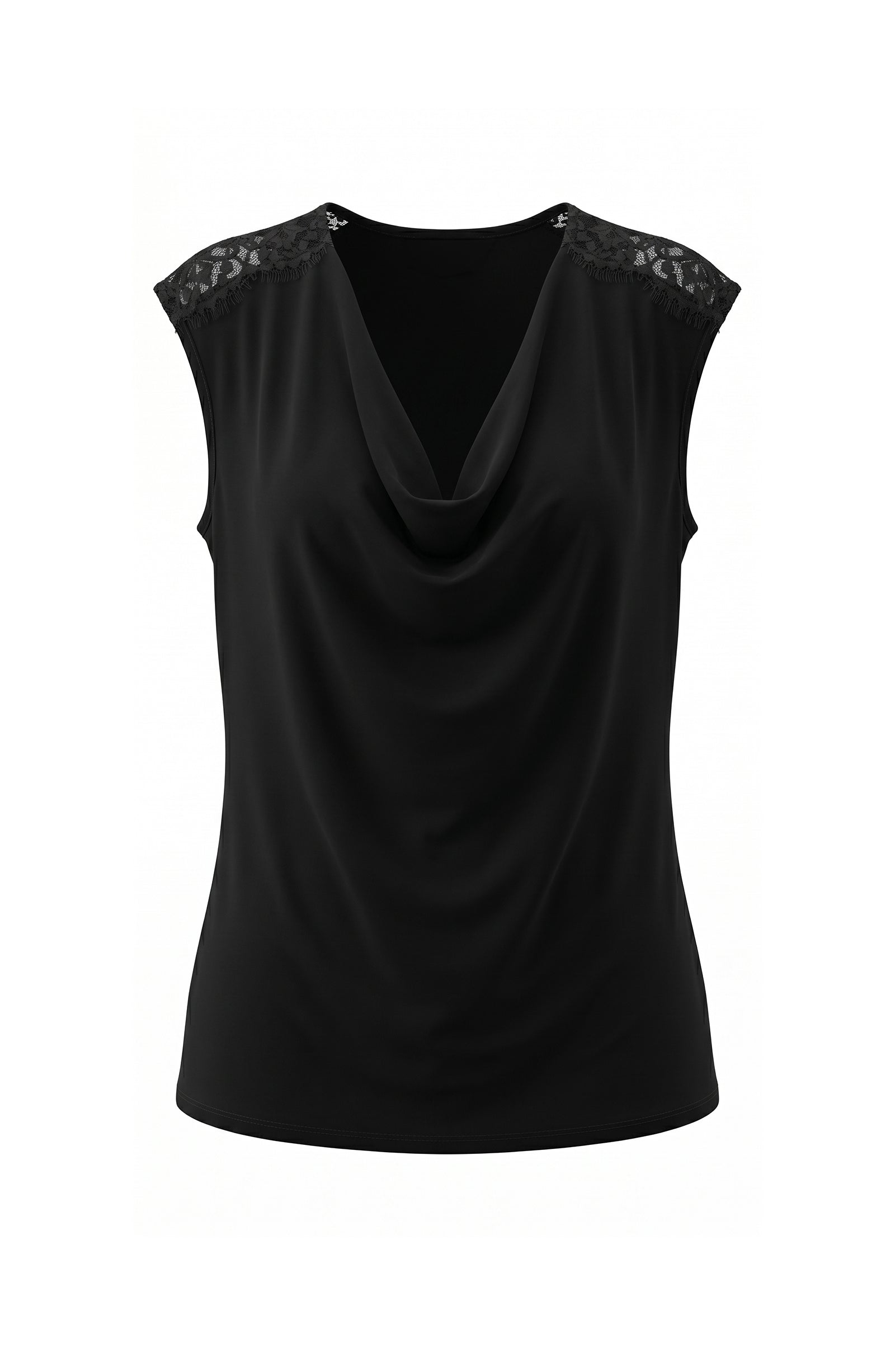 DRAPED NECK SLEEVELESS KNIT TOP W/ LACE
