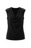 DRAPED NECK SLEEVELESS KNIT TOP W/ LACE