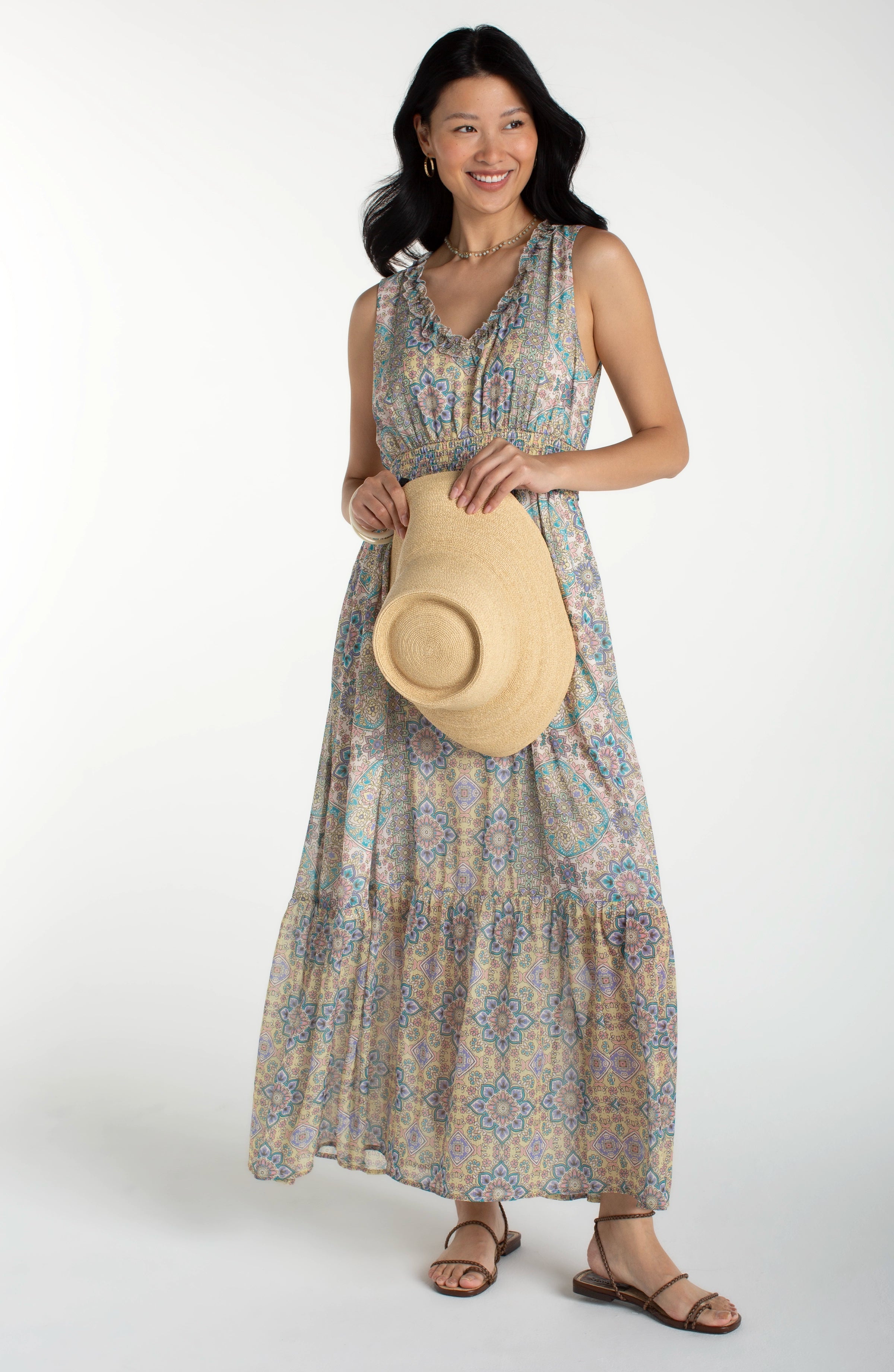 Liverpool Los Angeles Sleeveless Smocked Waist Woven Maxi Dress - Citron Multi Medium Liverpool Los Angeles Sleeveless Smocked Waist Woven Maxi Dress - Citron Multi Medium