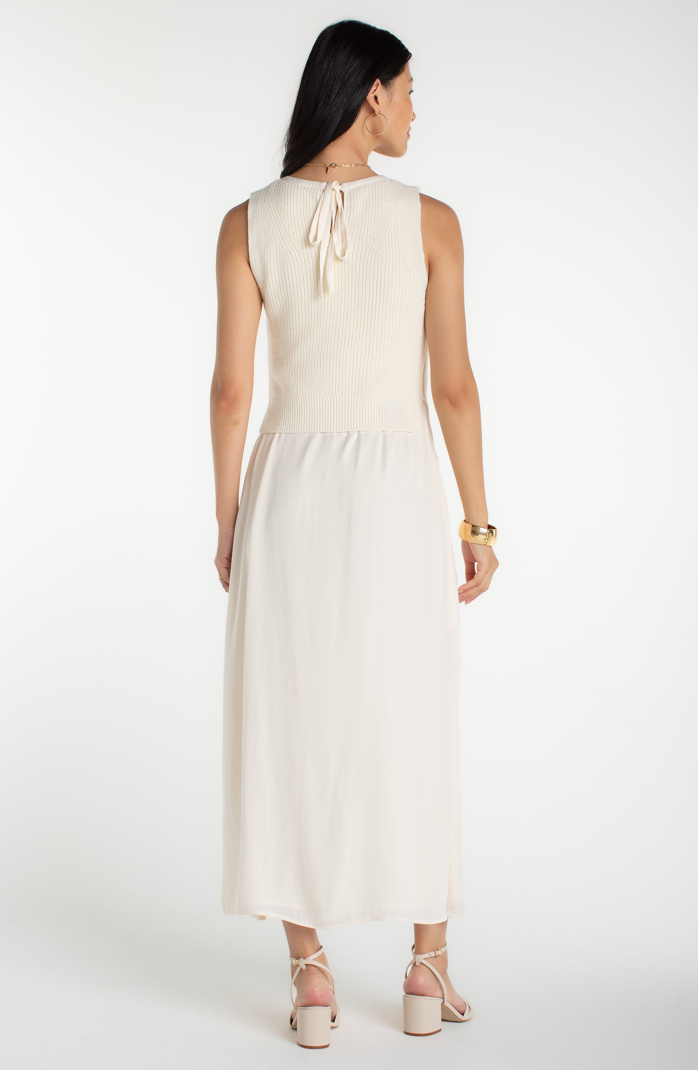 Liverpool Sleeveless Crewneck Tie-Back Sweater Woven Dress S / Cream