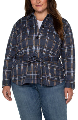 Open BELTED SHIRT JACKET BLACK QUEEN BLUE PLAID-1 in gallery view