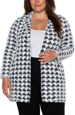 Open OPEN FRONT COATIGAN SWEATER BLACK WHITE HOUNDSTOOTH-1 in gallery view