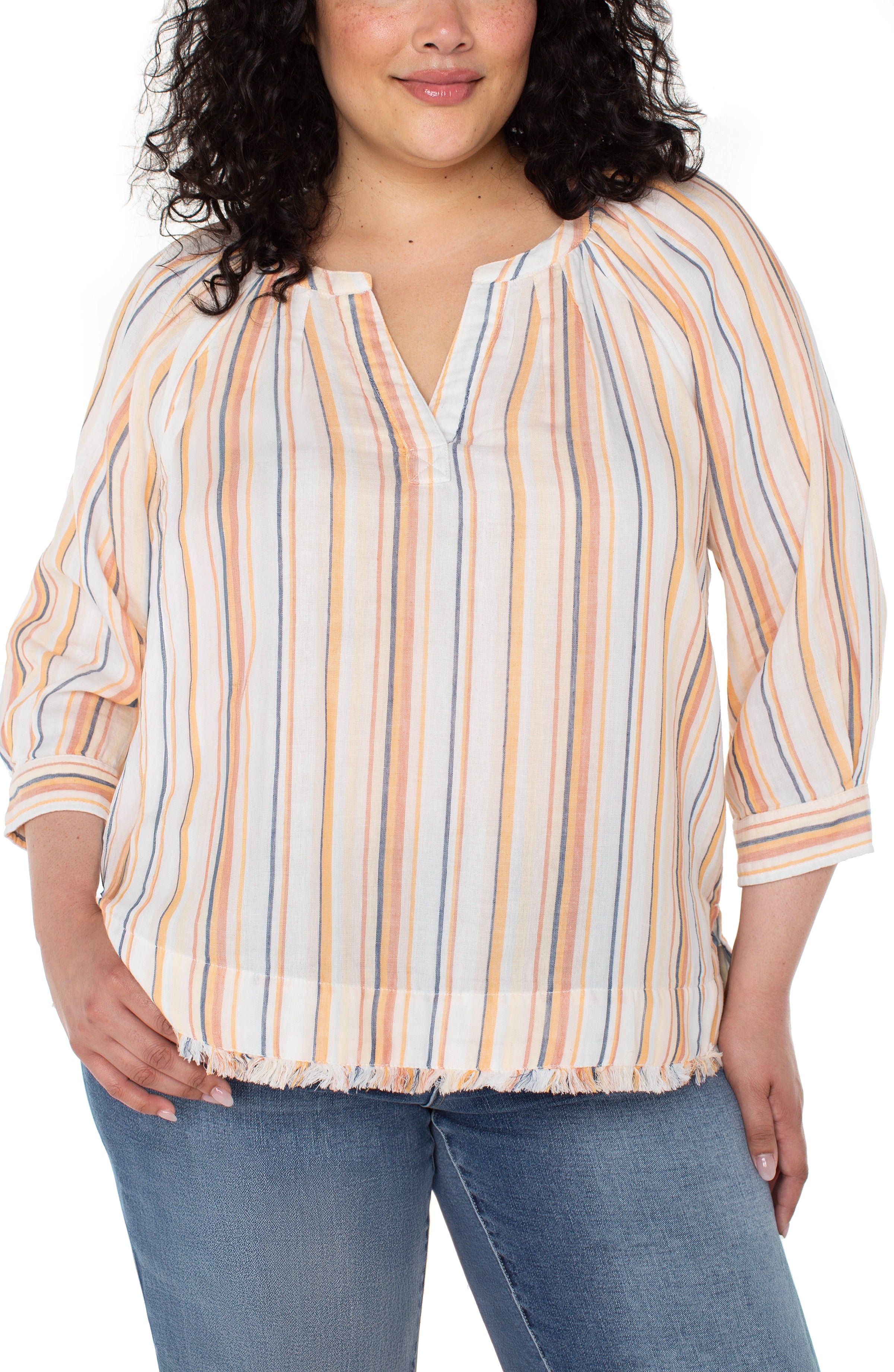 3/4 SLEEVE RAGLAN TOP W/ FRAY HEM