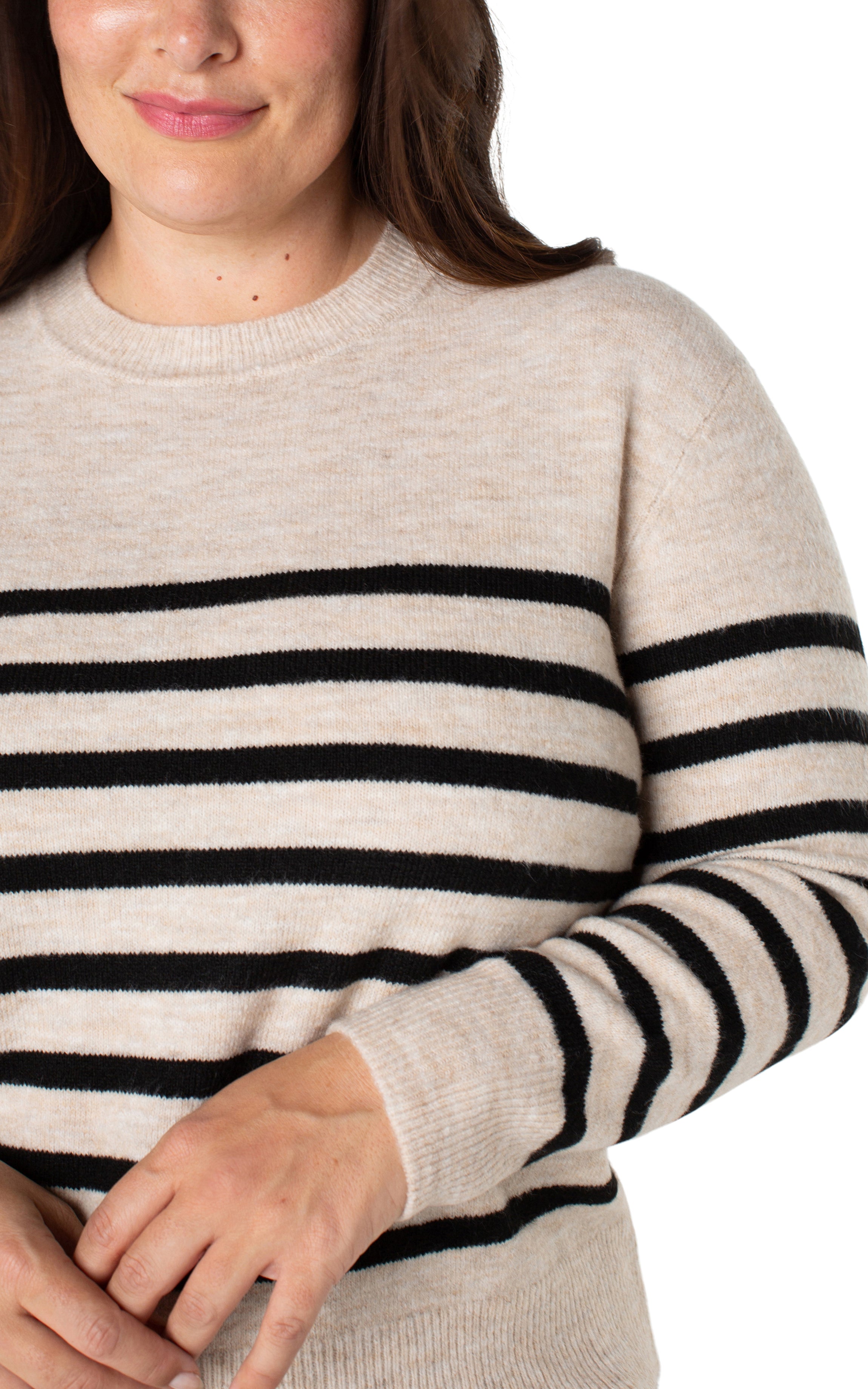 woman wearing striped sweater, casual fashion, cozy outfit, neutral colors, autumn attire