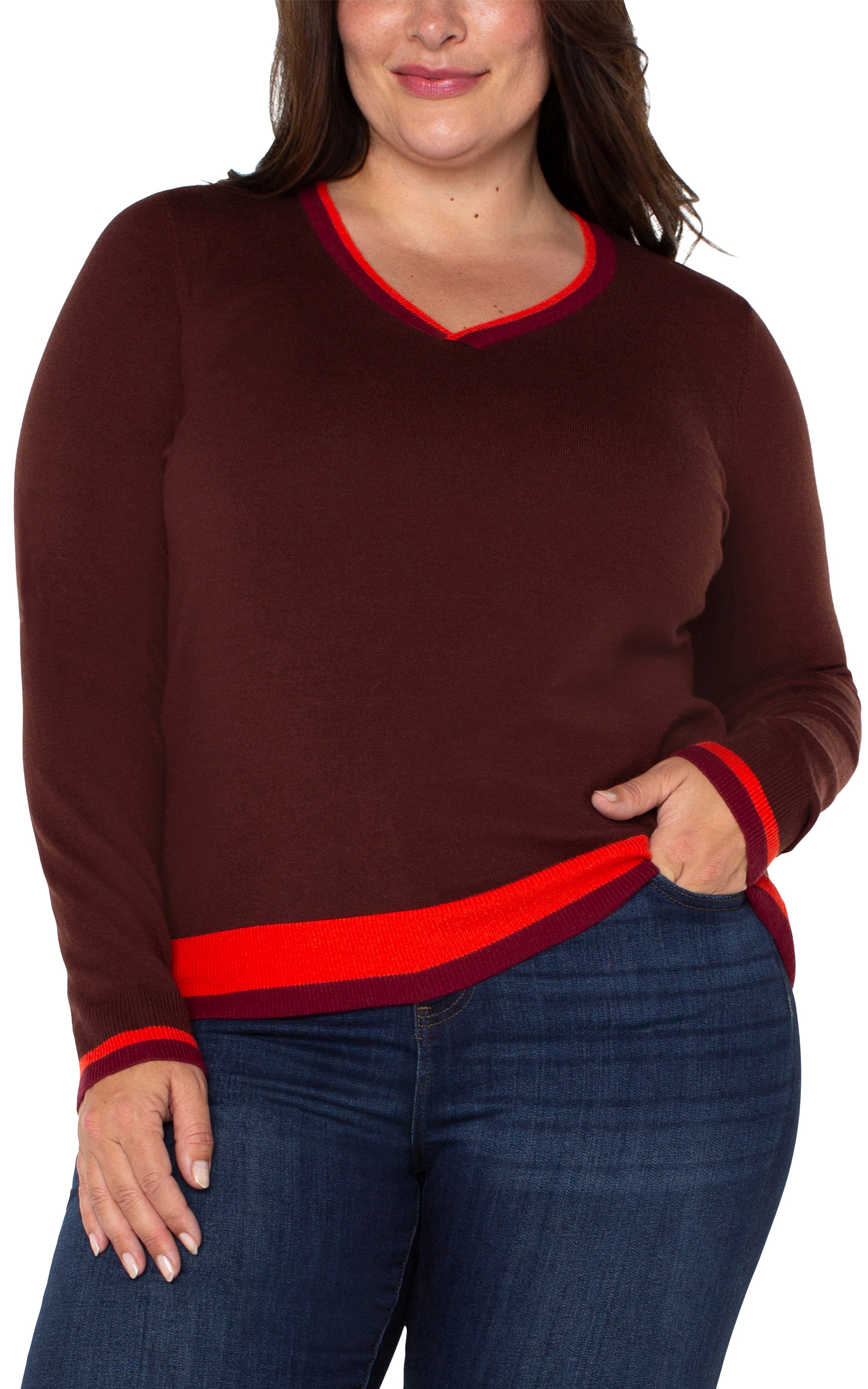 plus size v-neck sweater brown red accents casual style