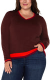 plus size v-neck sweater brown red accents casual style