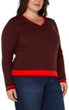 plus size brown v-neck sweater with red stripes