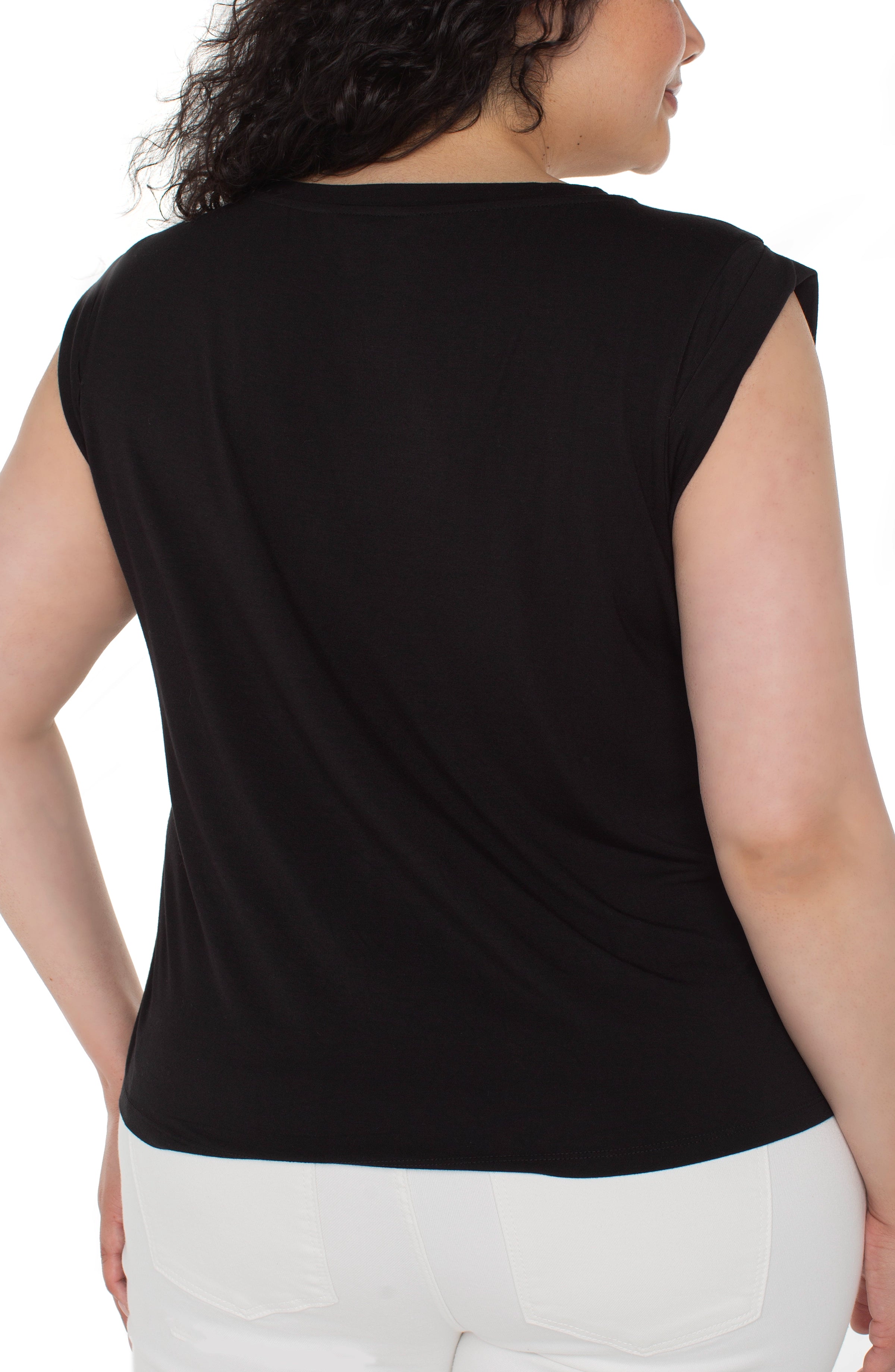 SLEEVELESS WOVEN TO KNIT TOP